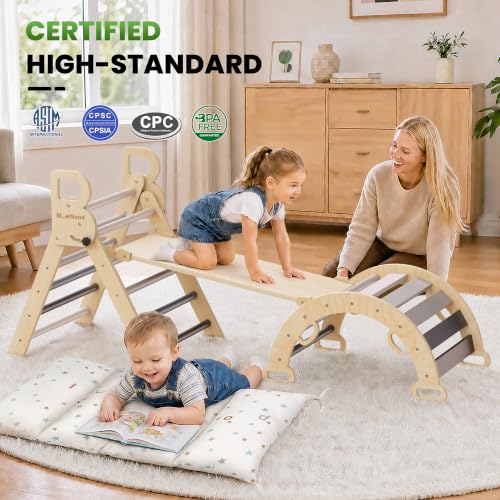 BlueWood Pikler Triangle Set with Cushion, 8-in-1 Climbing Toys for Toddlers, Montessori Philosophy Play Jungle Gym with Arch, Ramp, Ladder(Elegant Gray) | Foldable 8-in-1 Montessori Philosophy Toddler Climbing Toys Indoor with Reversible Ramp, Arch and L