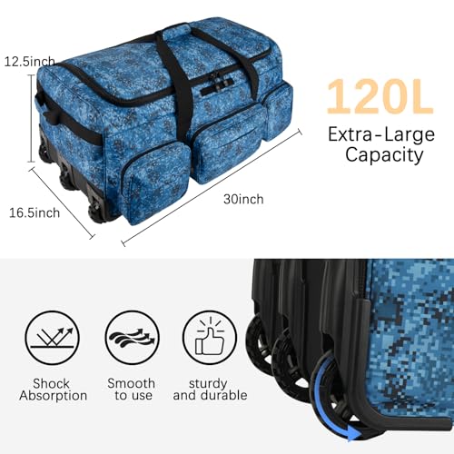 120L 3 Wheel Tactical Rolling Duffle Bag, Heavy Duty Military Deployment Luggage, 900D Waterproof Duffel for Camping Travel Outdoor Sports - color: Navy Blue