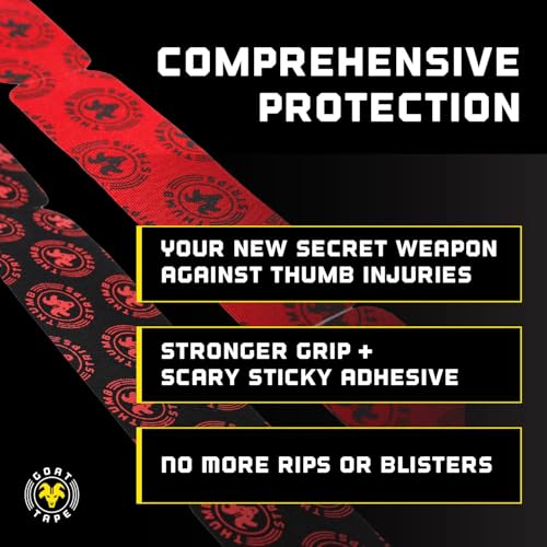 Goat Tape Thumb Strips Pre Cut Athletic Tape for Fingers - Extra Sticky Elastic Athletic Thumb Tape for Weightlifting, Cross Training, Gym Grips, Hook Grip, WOD Workout Hand Wrap - 1.5’’ x 5’’ Strips