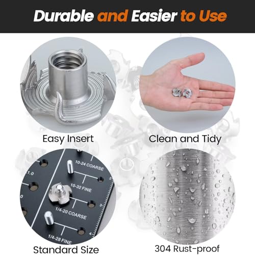 304 Stainless Steel T-Nuts 4-Pronged M8 (25 PCS) | Strong Grip, Rustproof Corrosion Resistant, Smooth Threads, Easy Insertion for Wood/Furniture/Cabinetry/Climbing Holds - size: M8