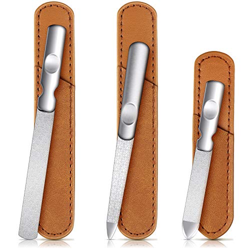 3 Pcs Stainless Steel Nail Files Kit with Leather Case, Double Sided Metal Nail Files with Anti-Slip Handle for Women and Men, Metal File Buffer Manicure Pedicure Tools for Fingernail Toenail(Brown) - color: Brown