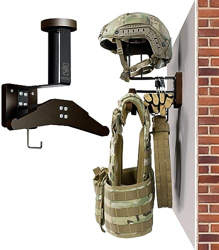 ONETIGRIS Tactical Gear Wall Mount, Motorcycle Helmet Holder Wall Mount Stand, Plate Carrier Rack Jacket Hanger Display Organizer for Police Football Cycling Suit - color: Walnut