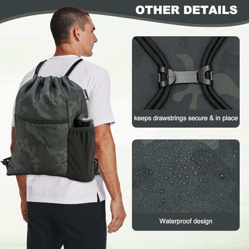 HOLYLUCK Men & Women Outdoor Sport Gym Sack Waterproof Drawstring Backpack Bag (Standard with drawstring, Black Camo) - color: Black Camo, style: Standard With Drawstring