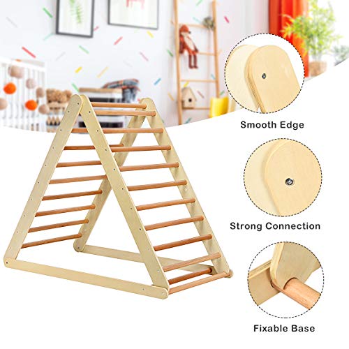 GLACER Wooden Climbing Triangle Ladder with Ramp, 2 in 1 Foldable Toddler Triangle Climber for Sliding & Climbing, Develop Strength, Balance and Motor Skills (Natural)