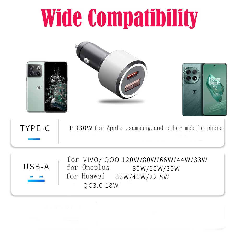 Fast Car Charger 100W for Oneplus 13 13R 12 Ace 11 10 Pro 9 10T 10R 8T 8 7T 7 Pro 6T 9R Nord 2T CE 2 Lite N20 N10 N100, 25W PD PPS LED 3.3ft Fast Charging Cable