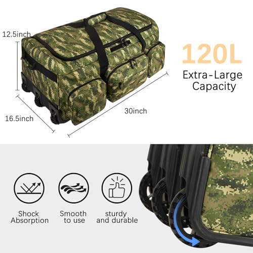 120L 3 Wheel Tactical Rolling Duffle Bag, Heavy Duty Military Deployment Luggage, 900D Waterproof Duffel for Camping Travel Outdoor Sports - color: Camo Light Green