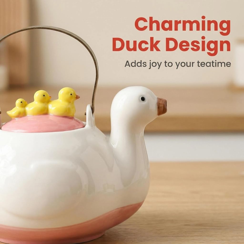 WUYIAZHI Cute Duck Ceramic Teapot, 40 oz, Iron Handle
