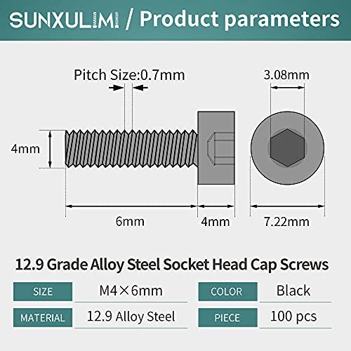 M4 x 6mm Socket Head Cap Screws Bolts 12.9 Grade Alloy Steel Metric Machine Hex Socket Screw, Black Oxide Finish, Fully Threaded, 100PCS - size: M4×6mm