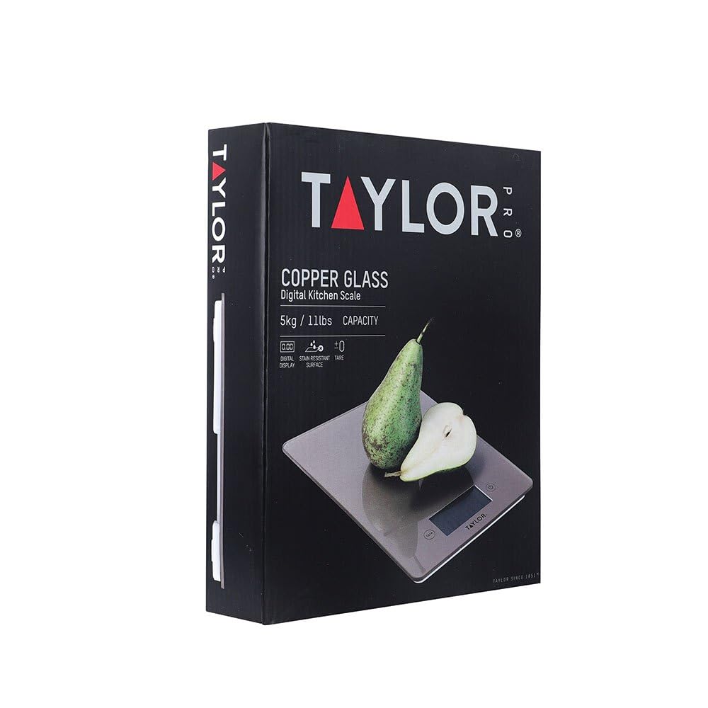 Taylor Pro Digital Kitchen Food Scales with Ultra Thin Design, Compact Professional Standard Tare Feature with Precision Accuracy, Copper Glass, Weighs 5 kg Capacity