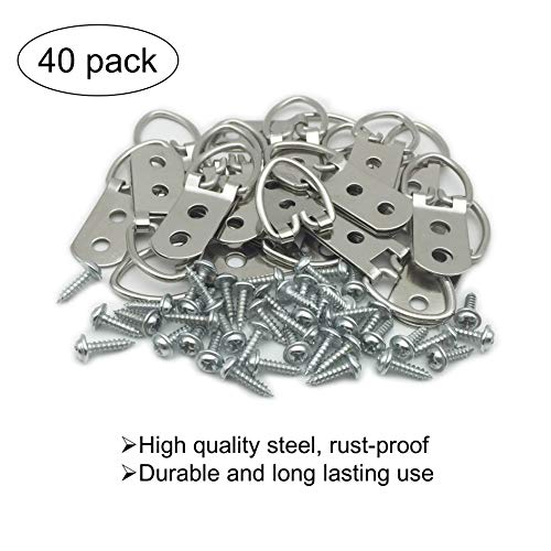40 Pack Heavy Duty D-Ring Metal Picture Hangers with Screws(Silver) | Double Holes Clasp Metal Picture Hanging Kit, For Hanging Photo Frames, Artwork, Paintings, Clock, Canvas Hooks, Mirrors - size: 40 Pack-Double hole