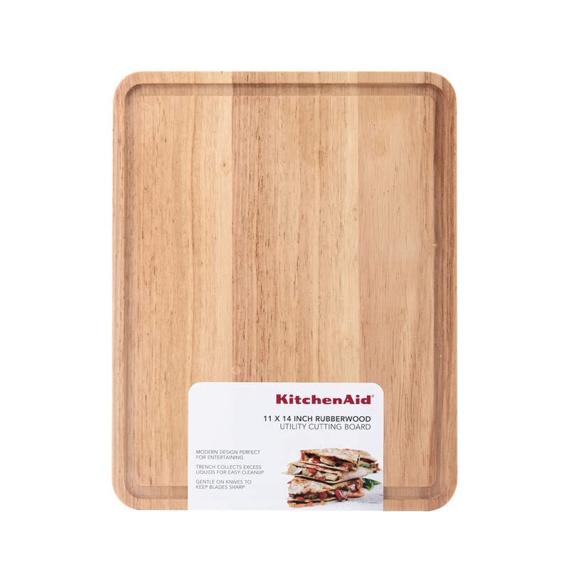 KitchenAid Classic Rubberwood Cutting Board with Perimeter Trench, Reversible Chopping Board, 11-inch x 14-Inch, Natural