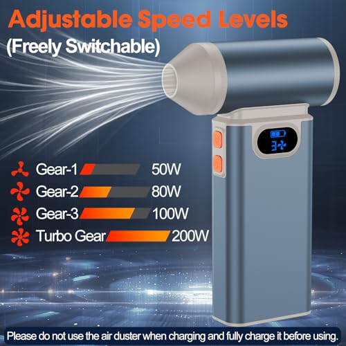 Metal Electric Compressed Air Duster, 300000RPM High Speed Rechargeable Air Blower&Pump for Leaf Blower with Digital Display, 4-Speed Modes-Brushless Motor Mini PC Dust Cleaner with Light(Silver) - color: Silver
