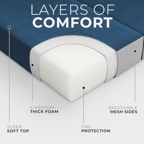 4 Inch Twin Folding Mattress for Floor and Traveling with Removable Cover - Lightweight and Portable Mattress for Adults & Kids - Compact and Easy to Storage (75in x 39in x 4in) - size: Twin (75in x 39in x 4in), style: Navy