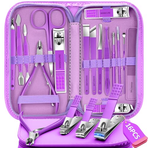 Manicure Set 16Pcs Professional Stainless Steel Pedicure Kit Mens Grooming Kit Fingernail & Toenail Clippers Set Manicure Kit with Luxurious Travel Bag, Sharp Nail Scissors and Clipper (Purple) - color: 16Pcs-Purple