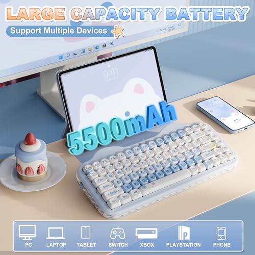 YUNZII C75 Cute 75% Wireless Mechanical Keyboard (Blue, Milk V2 Switch) | Creamy Cake Keyboard, BT5.0/2.4G/USB-C, Hot-Swap, NKRO, PBT MOA Keycaps,5500mAh RGB Gasket Mount for Mac/Win/Gaming/Office - color: Blue, size: Milk V2 Switch
