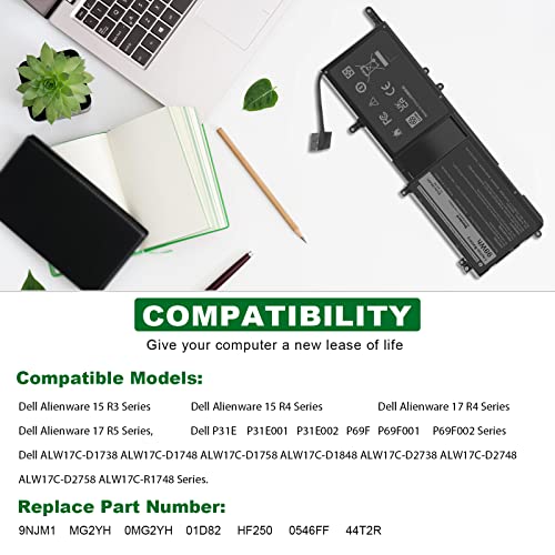 9NJM1 Battery Replacement for Dell Alienware 17 R4 R5 15 R3 R4 Alienware 15 2018 ALW17C-D1758 P31E P31E001 P31E002 P69F P69F001 P69F002, HF250 0HF250 0MG2YH 9NJMI 44T2R MG2YH 01D82 546FF HF25D 0546FF - size: 11.34*4.21*0.51inch