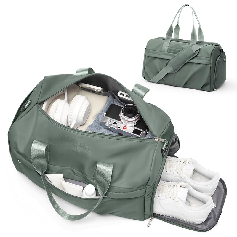 Gym Bag for Women Men, Sport Duffel Bag with Toiletry Bag & Shoe Compartment,Waterproof Travel Weekender Overnight Carry on Bag for Yoga with Trolley Sleeve, Green Set - color: A5-Green Set