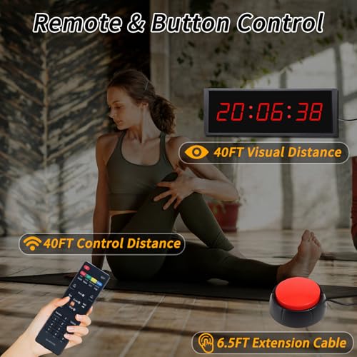 Gym Timer Clock with Start/Stop Button,12/24H Digital Wall Clock with Remote Control, Countup, Countdown, Stopwatch, Workout Timer for Home Gym Garage