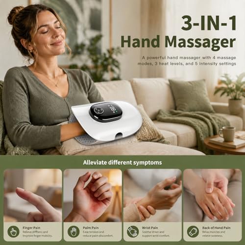 Hand Massager with Heat and Compression, Finger Stretch&Knuckle Stretching, 4 Massage & 5 Compression & 3 Temperatures Modes, Gifts for Women Men (Green) - color: Green26
