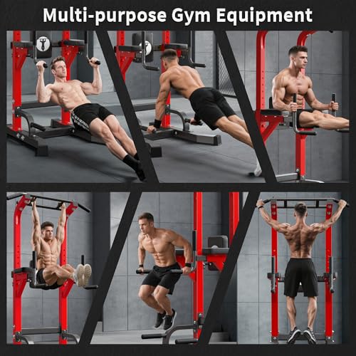 Power Tower Pull Up Bar Dip Station, Free Standing Pull Up Rack Dip Station for Home Gym, 10-Level Adjustable Height Pull Up Bar Stand Dip Bar Strength Training Workout Equipment - color: Red