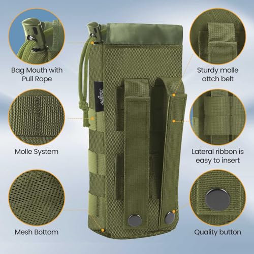 Molle Water Bottle Holder, Upgraded 1000D Nylon Tactical Molle Water Bottle Pouch, Sports Water Bottle Bag Bottom Mesh Lining Hydration Carrier for Camping, Climbing, Hiking and Travelling - color: Green-2pack