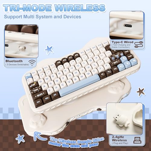 YUNZII C75 Cute 75% Wireless Mechanical Keyboard (Choco, Milk V2 Switch) | Creamy Cake Keyboard, BT5.0/2.4G/USB-C, Hot-Swap, NKRO, PBT MOA Keycaps,5500mAh RGB Gasket Mount for Mac/Win/Gaming/Office - color: Choco, size: Milk V2 Switch