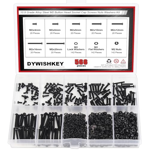 DYWISHKEY 566 Pieces M2 Black Screws, 10.9 Grade Alloy Steel M2x 4/6 /8/10 /12/16 /20mm Button Head Socket Cap Screws Bolts Nuts Washers Assortment Kit - size: M2, style: Button Head Socket Cap