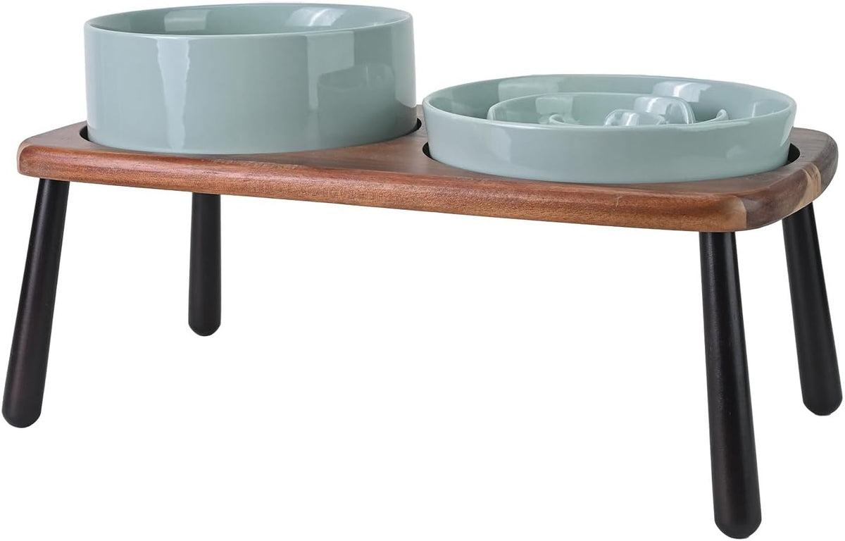 SPUNKYJUNKY Ceramic Elevated Dog Bowls with Slow Feeder Raised Acacia Bamboo Wooden Stand, 8.3'' Dog Food Water Bowls Set Non-Slip for Medium Large Sized Breed Microwave Dishwasher Safe - Light Green