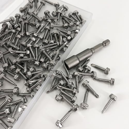 QSJ 160PCS #8 x 3/4'' Sheet Metal Screws 410 Stainless Steel Hex Washer Head Fast Self Tapping Screws with Screwdriver Bit Silver - color: Hex #8x3/4‘’（160）