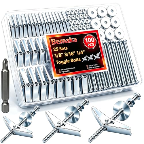 100Pcs Toggle Bolts Drywall Anchors Kit, 25 Sets 1/8" 3/16" 1/4" Heavy Duty Hollow Wall Anchors with Nuts, Washers and Drill Bit, for Hanging Shelves, Mirrors, TV Mounts, Artwork on Drywall - color: Multicolor - 1/8" 3/16" 1/4"
