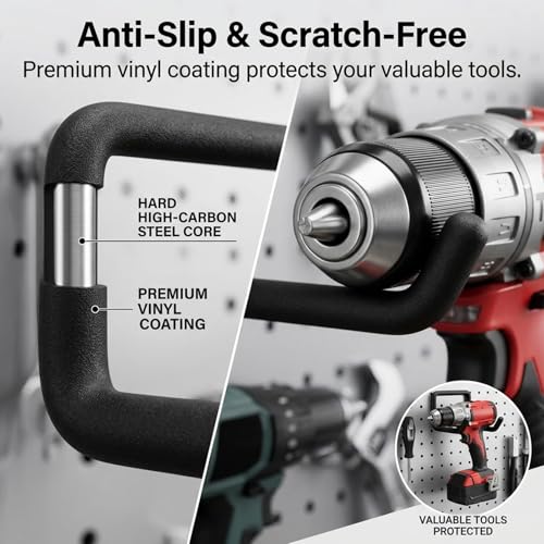 INCLY 10 Pack 1/4" Pegboard Drill Holder Tool Utility Hooks | Heavy Duty Pegboard Hooks, Peg Board Tool Hangers, for Power Tools, Drill, Hammer, Cords, Hoses, Shovels, Garage Storage - size: 10 Pack