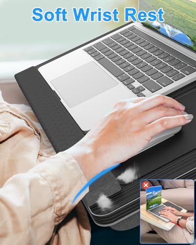 HETTHI Laptop Lap Desk, Portable Large Laptop Desk for Bed, Up to 17 Inch Lap Pad Tray with Wrist Rest, Mouse Pad, Tablet Phone Slot, Portable Handle, Cushion (Black) - color: Black