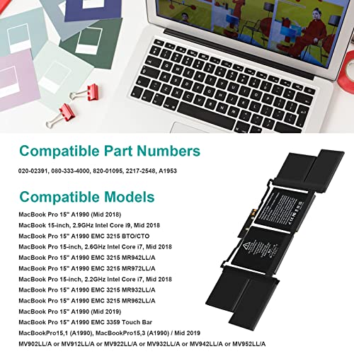 TREE.NB A1953 Laptop Battery for MacBook Pro A1990 (Mid 2018 2019) MacBook Pro 15" EMC 3215 EMC 3359 BTO/CTO MV902LL/A MV912LL/A MV922LL/A MV932LL/A MV942LL/A MV952LL/A MV962LL/A MV972LL/A - size: 12.2x3.62x0.31inch A1953