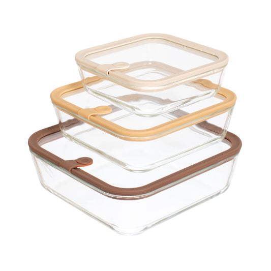 Glad Glass Food Storage Containers, Set of 3 - Airtight Vacuum Sealed Steam Vent Lids - Square Borosilicate Glass Dishes with Ombre Green Lids - Assorted Sizes for Meal Prep & Leftovers, Brown