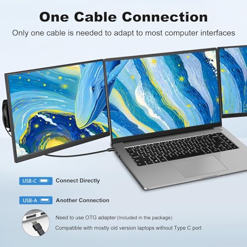 DEPGI 14" Laptop Screen Extender, 1200P FHD One Cable Connect Portable Triple Monitor, Dual Screen Monitor Fits 13"-17.3" Laptop with Stand for MacOS/Windows - style: Without Fan