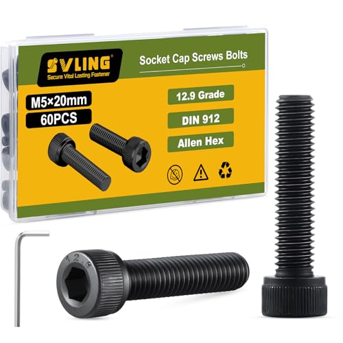 M5-0.8 x 20mm Bolt, 60PCS M5 Hex Socket Head Cap Screws Bolts, 12.9 Grade Alloy Steel, Full Threads, Allen Socket Drive, with Hex Spanner - size: M5x20mm