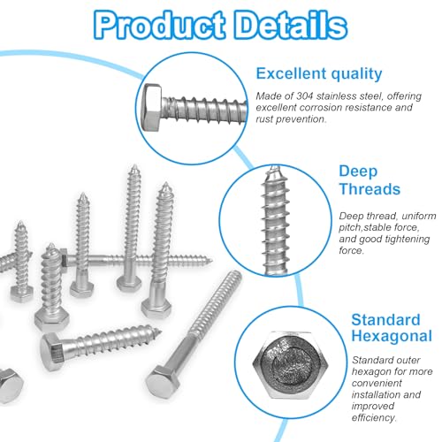 12 Pcs 3/8" x 2" Hex Head Lag Screws, 304 Stainless Steel Lag Bolts Hexagon Head Wood Screws Heavy Duty Large Screws for TV Mounts, Deck, Boat Repair - size: 3/8 x 2" (12 pcs)