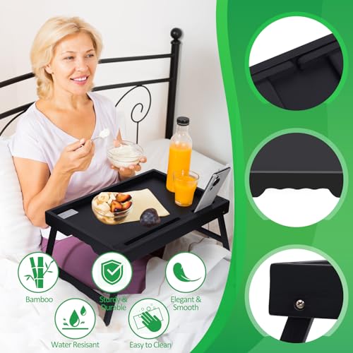 Artmeer Bamboo Bed Tray, Folding Legs, Phone/Tablet Slot, Medium, Black | FSC-certified bamboo bed tray with phone/tablet slot, folding legs, handles and raised edges for meals, laptops and reading. - color: Black, size: Medium