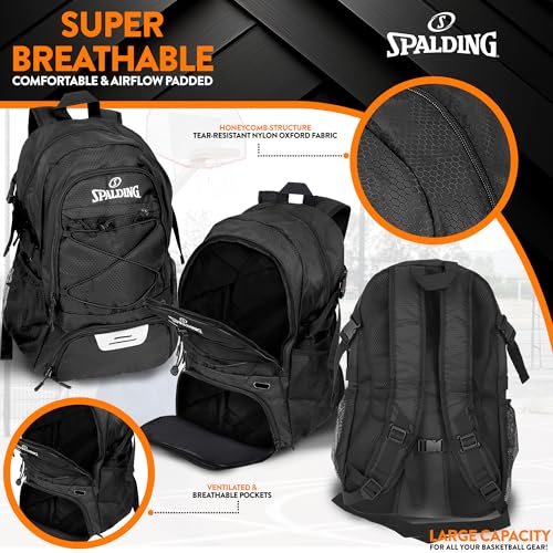 Spalding Basketball Backpack Sports Bag | Large Black Backpack with Shoe and Ball Compartment | Gifts for Basketball Players - color: Black