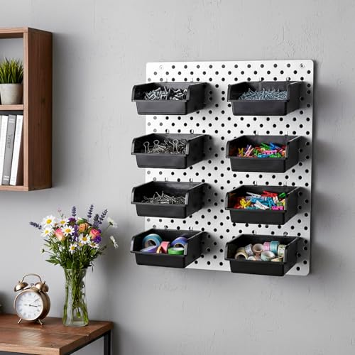 12 Pack Black Pegboard Bins with Metal Hooks, Heavy Duty Slatwall Bins Plastic Storage Organizer Pegboard Tools Organizer for Garage Workshop Craft Room Hardware Tools
