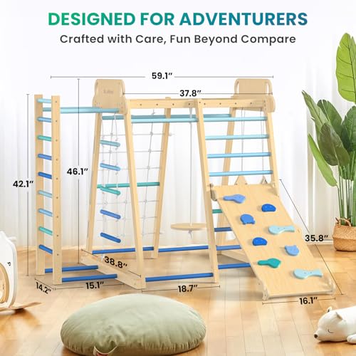 Upgraded Indoor Jungle Gym 9-in-1 Playground Kids Climbing Toys | Waldorf Style Wooden Climber Playset with Slide, Swing, Monkey Bars, Upright/Rope Ladder, Climb Net, Blue - color: Blue