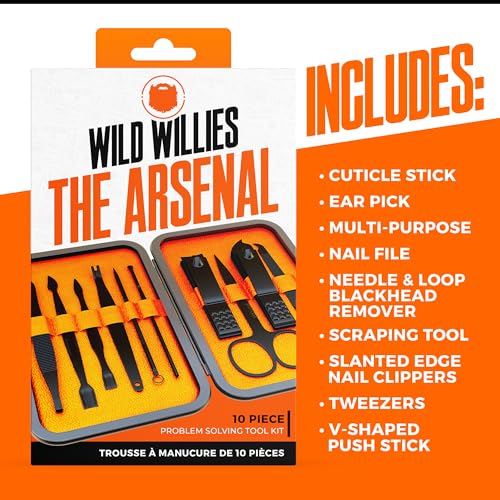 Wild Willies 10-Piece Pedicure & Manicure Kit for Men & Women - Includes Nail Clippers, Scissors, Tweezers, Files - Compact Travel Nail Grooming Kit, Mens Nail Care Set