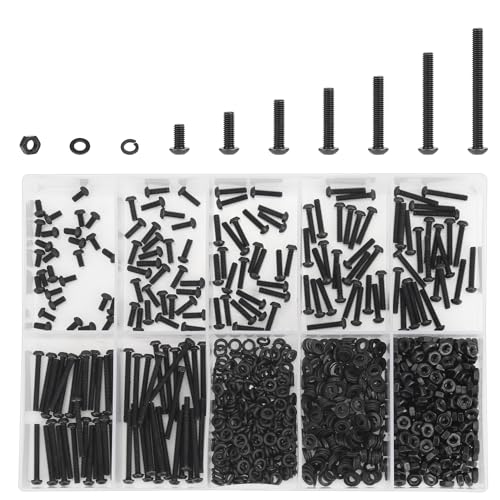 DYWISHKEY 566 Pieces M2 Black Screws, 10.9 Grade Alloy Steel M2x 4/6 /8/10 /12/16 /20mm Button Head Socket Cap Screws Bolts Nuts Washers Assortment Kit - size: M2, style: Button Head Socket Cap