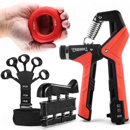 Grip Strength Trainer Kit, 4 Pack Hand Gripper Strengthener with Adjustable Resistance, Forearm Exerciser, Finger Strengthener & Stress Relief Ball for Muscle Building & Injury Recovery