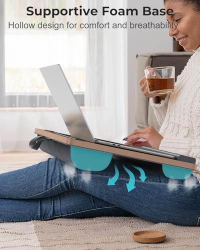 Potuopy Lap Desk - Up to 17” Laptop with Wrist Rest, Portable Handle, 2 Self-Adhesive PVC Mouse Pads, Tablet & Phone Slots, Laptop Stand for Bed with Cushion (Dark Brown Woodgrain) - color: Dark Brown Woodgrain