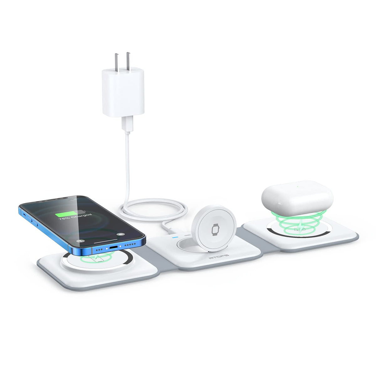 Wireless Charger 3 in 1,RTOPS Magnetic GaN Travel Wireless Charging Station Compatible with Apple Magsafe Multiple Devices for iphone17/16/15/14/13/Pro/Max,iWatch,AirPods4/3/2/Pro (Adapter Includes)