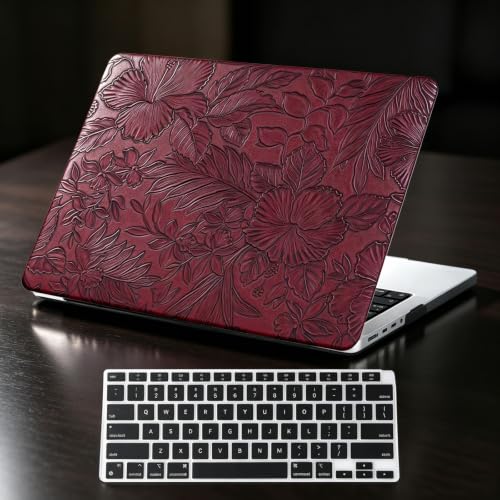 Floral Case for MacBook Pro 14 inch 2026-2021 M5 M4 M3 M2 M1, Deep Burgundy | Vintage Flower Leather Hardshell Logo Cutout Case+Keyboard Skin (A3426 A3427 A3434 A3112 A3185 A3401 A2918 A2992 A2779 A2442) - color: #2 Deep Burgundy