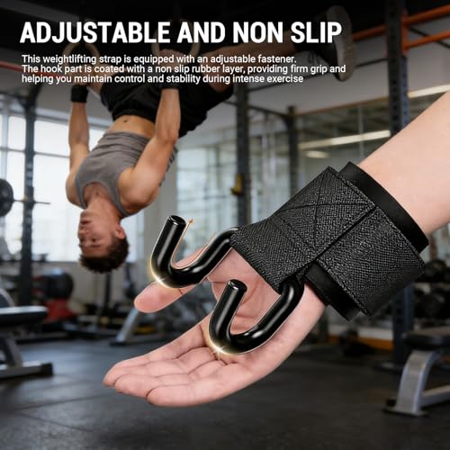 Greensen Adjustable Weight Lifting Hooks with Non-Slip Rubber Grip, Heavy-Duty Wrist Straps for Strength Training & Pull-Ups, 330 lbs Capacity