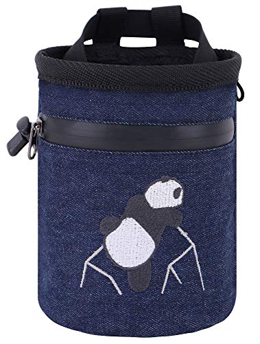 AMC Rock Climbing Panda Embroidered Chalk Bag with Zipper Pocket - color: Denim Blue