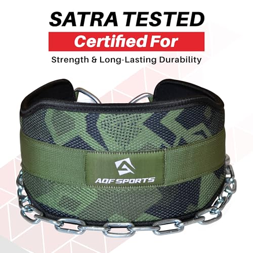 AQF Dip Belt with 36" Steel Chain - Neoprene Padded Back Support Belt | Secure Carabiners for Weighted Pull ups, Dips, Gym, Powerlifting, Bodybuilding, Squat & Fitness - color: Green Camo